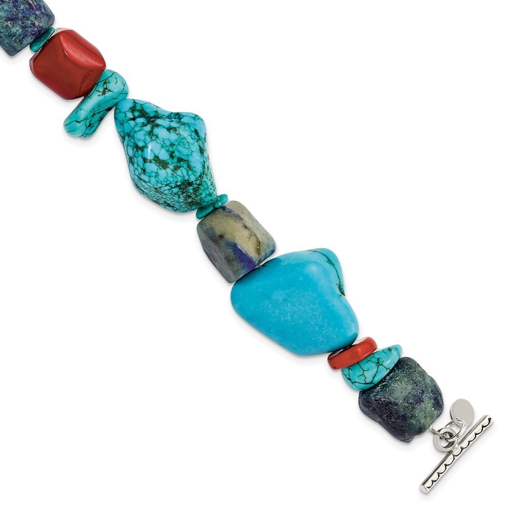 925 Sterling Silver Red Coral, Howlite, Lapis, Turquoise 8" Bracelet